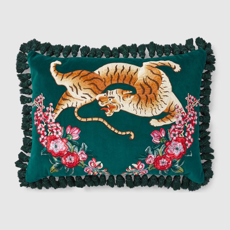 Gucci velvet cushion with Tiger embroidery